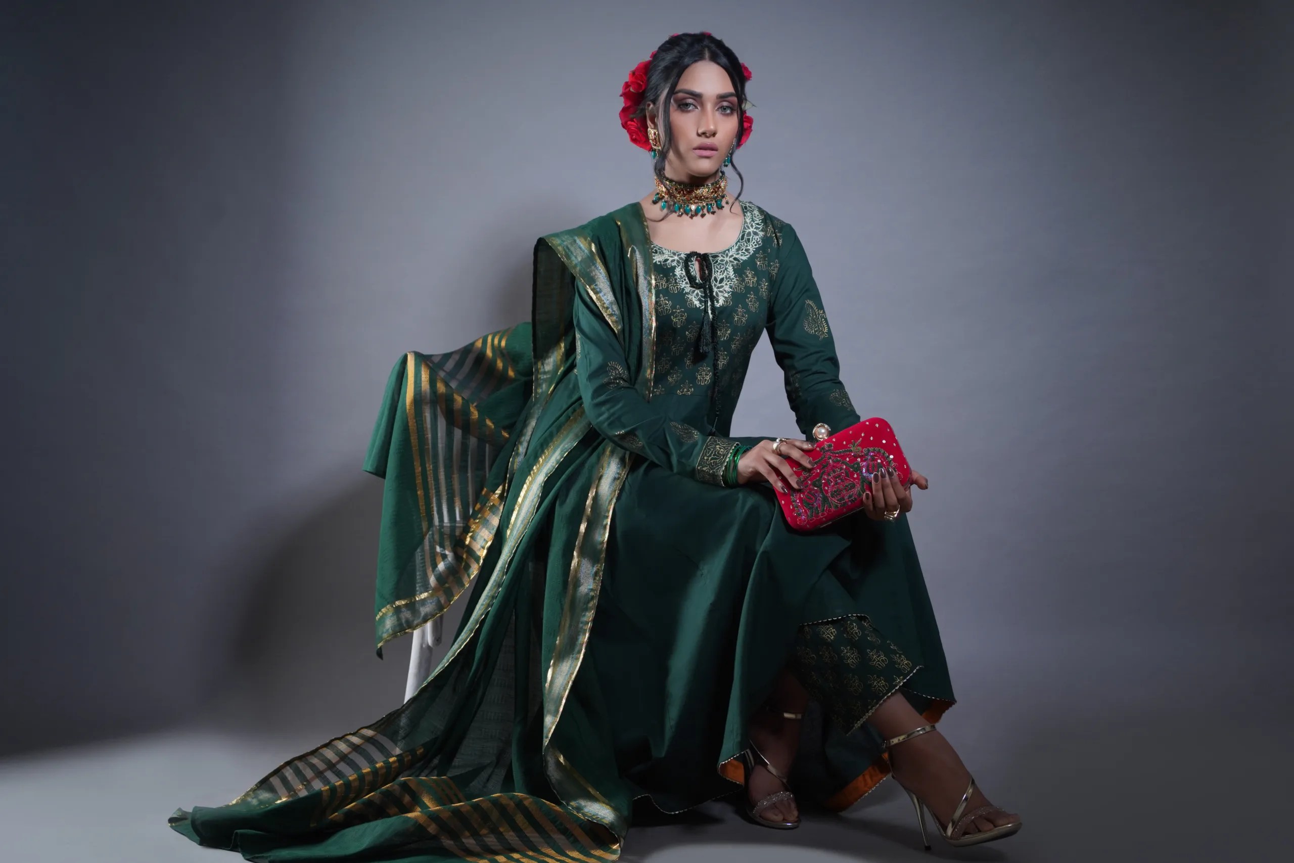 Pakistani Castleton Green Gold Embroidered Georgette Anarkali (3-Piece) - Image 6