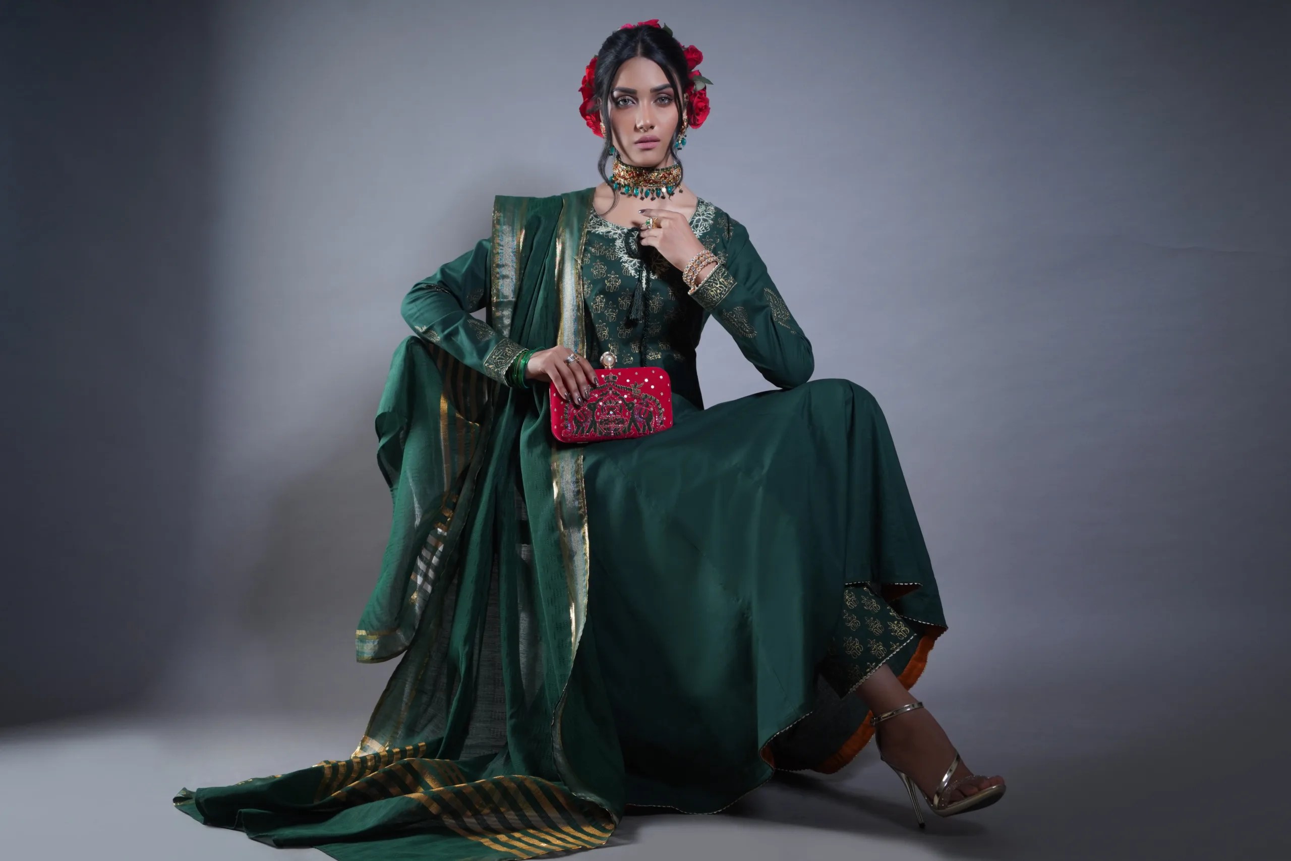 Pakistani Castleton Green Gold Embroidered Georgette Anarkali (3-Piece) - Image 7