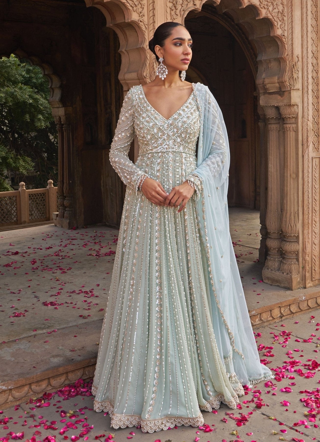Sage Green Sequin & Pearl Georgette Anarkali (2-Piece) - Image 2