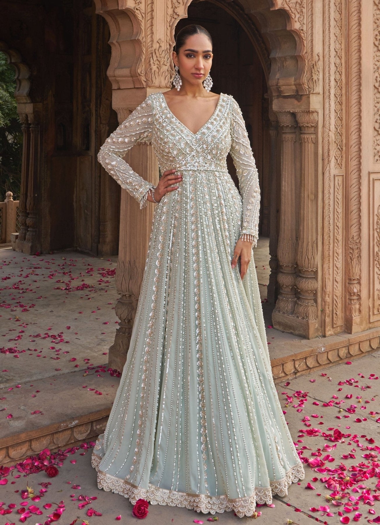 Sage Green Sequin & Pearl Georgette Anarkali (2-Piece) - Image 3