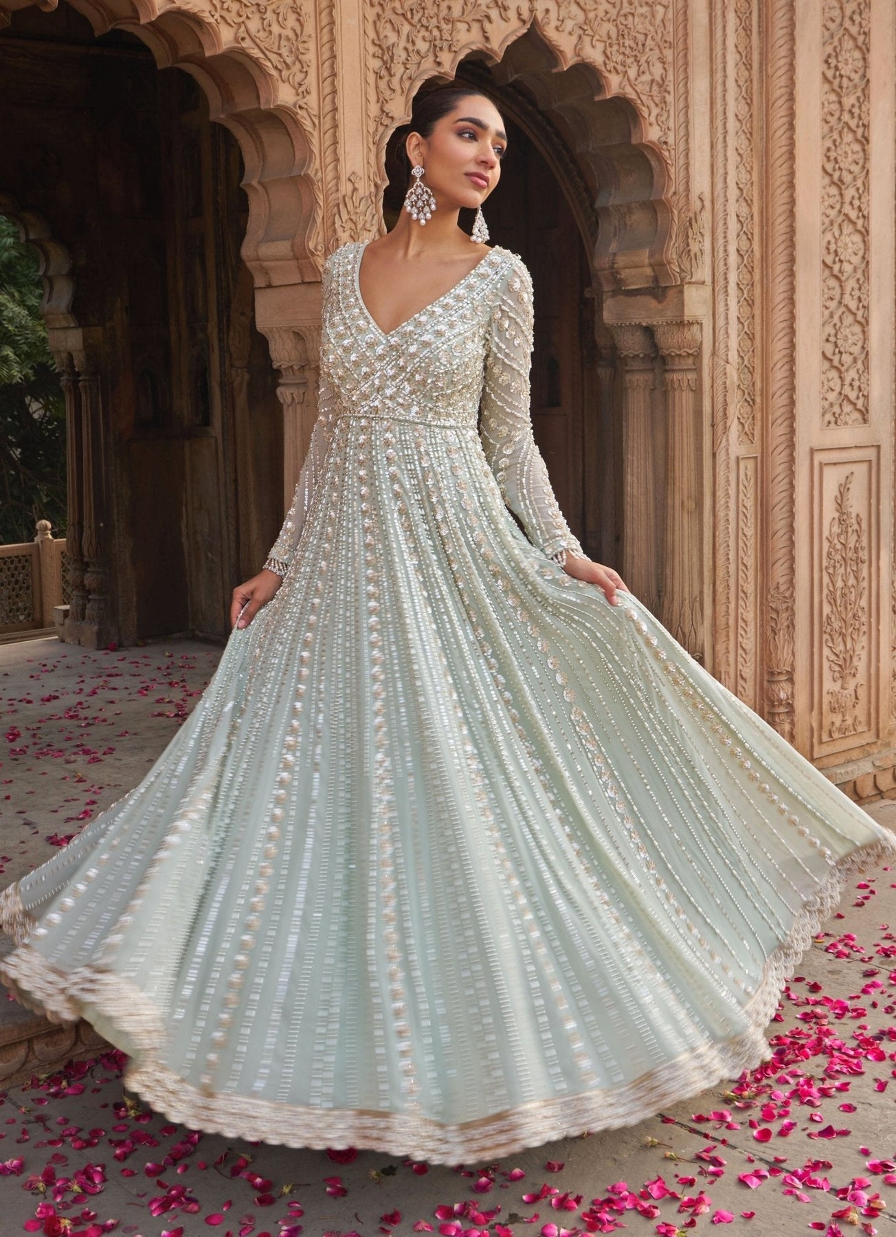 Sage Green Sequin & Pearl Georgette Anarkali (2-Piece) - Image 4