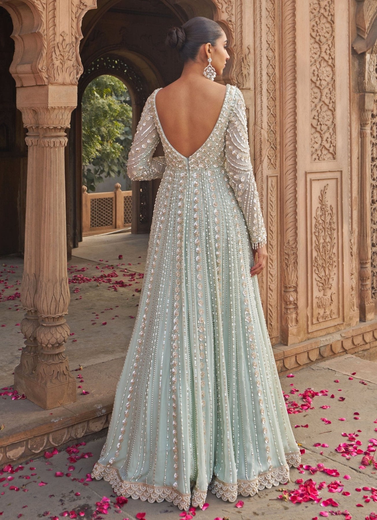 Sage Green Sequin & Pearl Georgette Anarkali (2-Piece) - Image 5