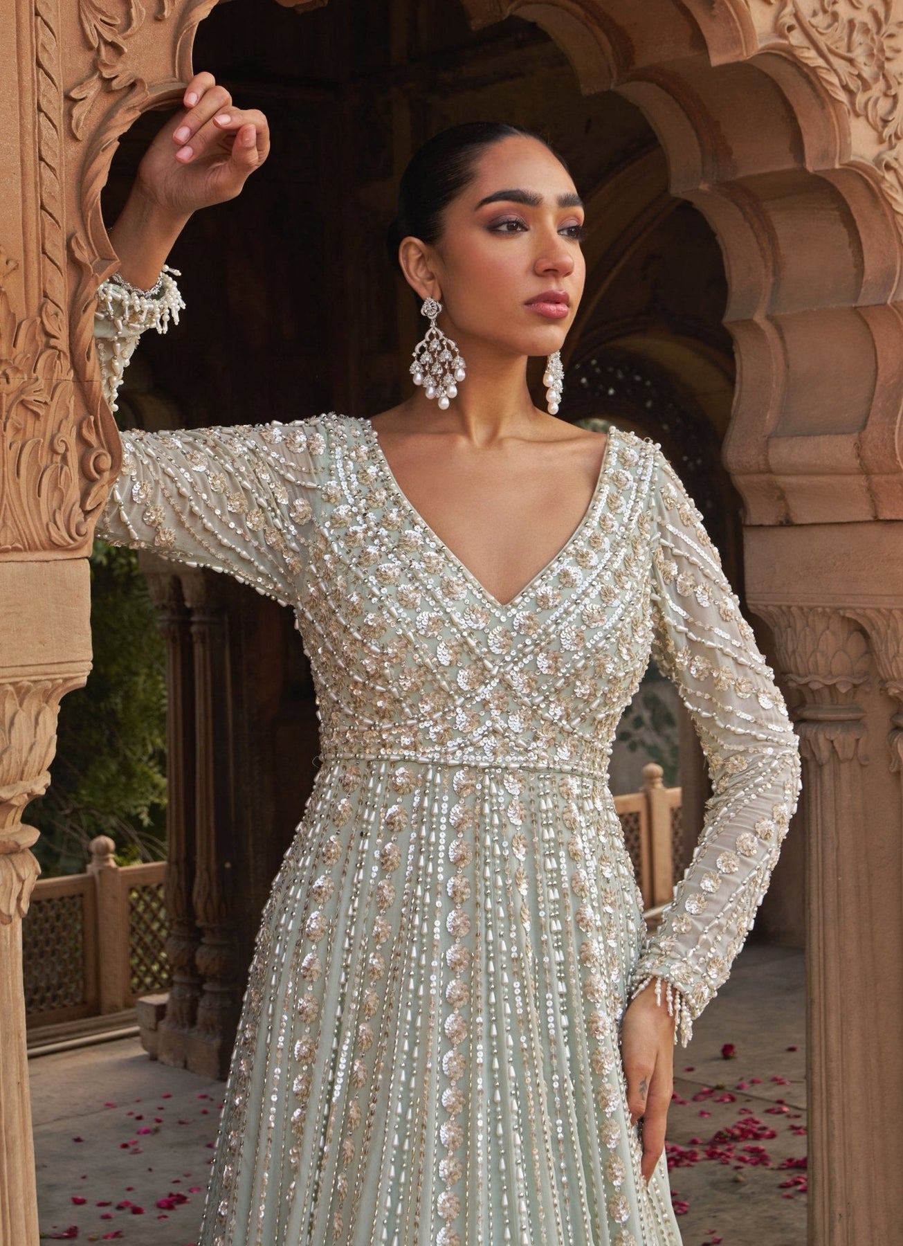 Sage Green Sequin & Pearl Georgette Anarkali (2-Piece) - Image 6