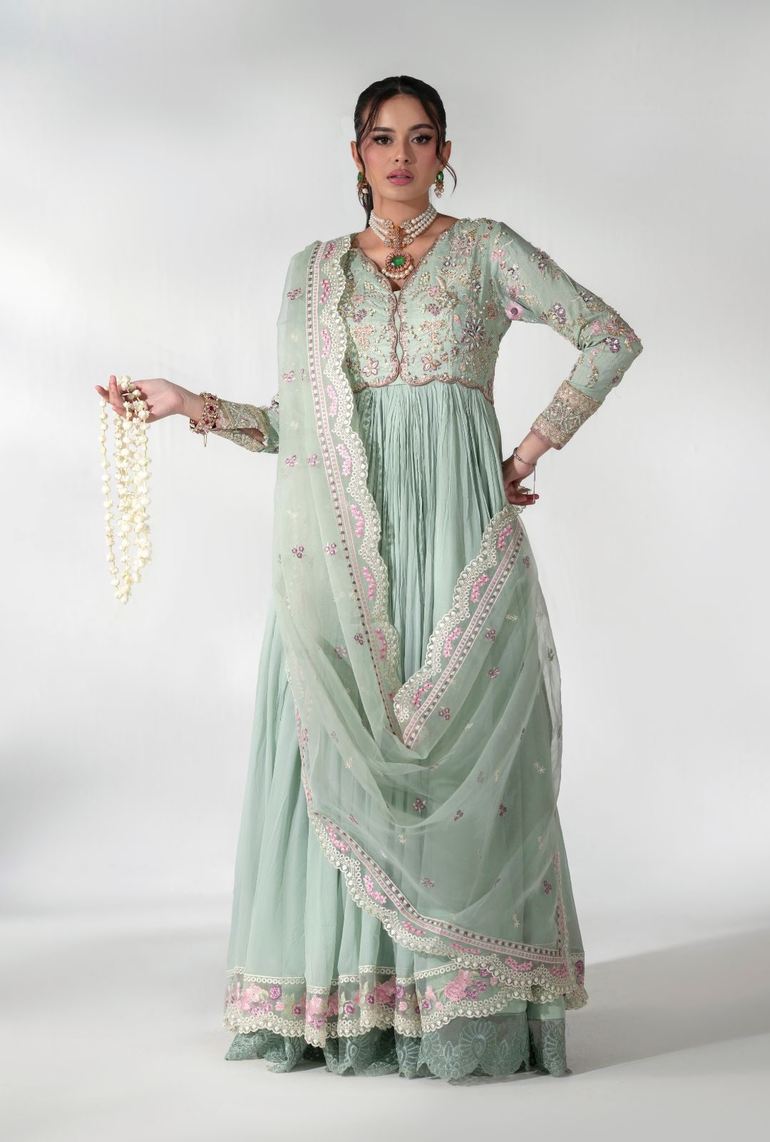 Pistachio Embroidered Korean Raw Silk Anarkali (2-Piece) - Image 2