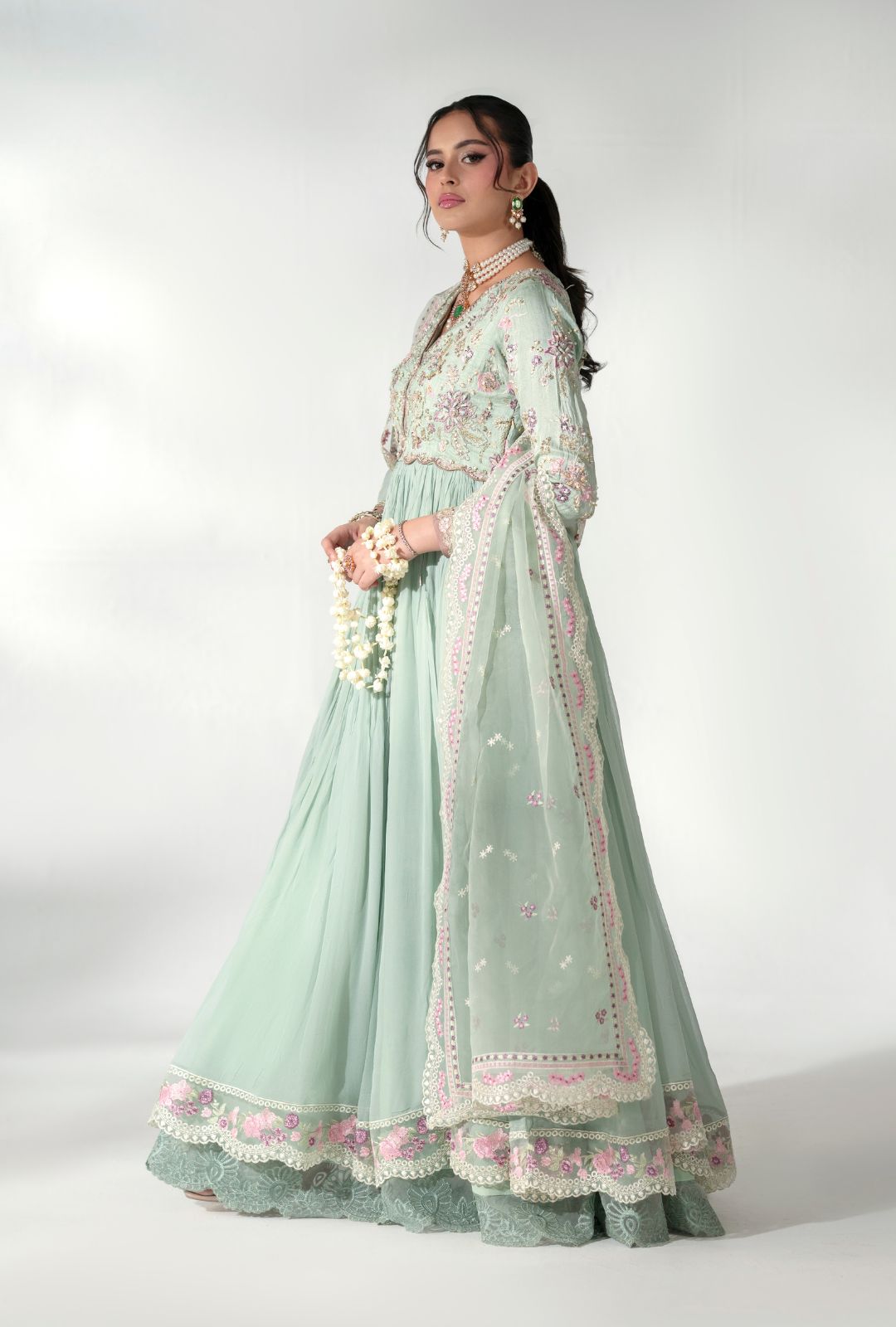 Pistachio Embroidered Korean Raw Silk Anarkali (2-Piece) - Image 3