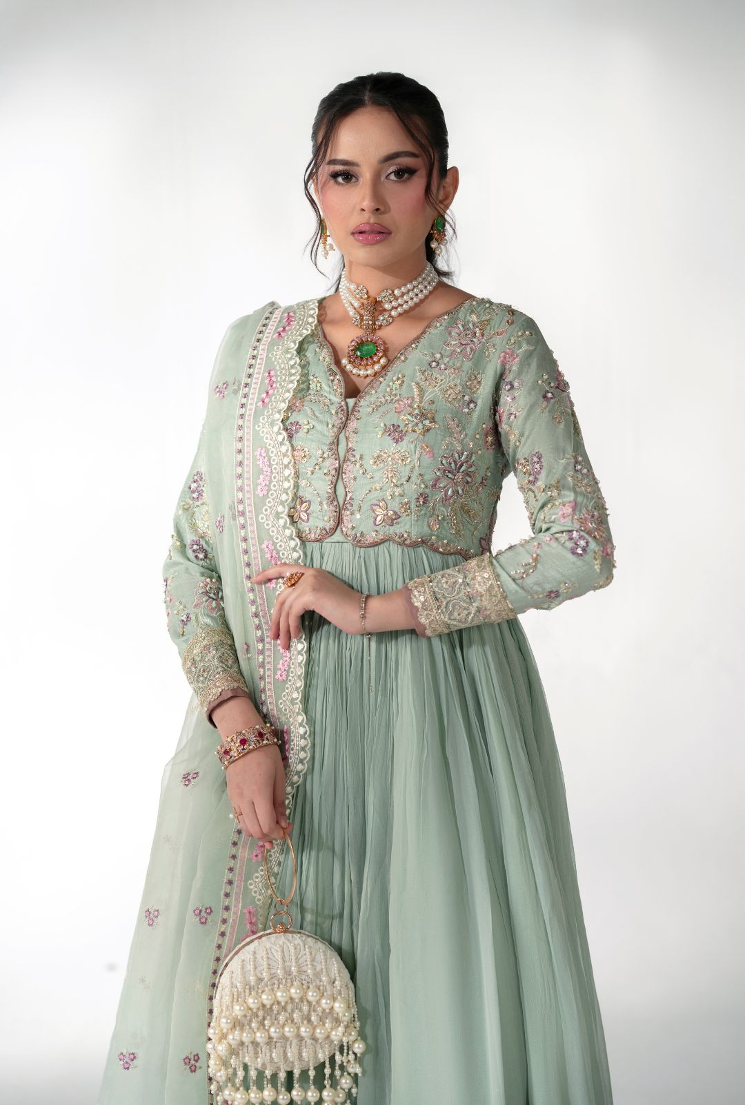 Pistachio Embroidered Korean Raw Silk Anarkali (2-Piece) - Image 4