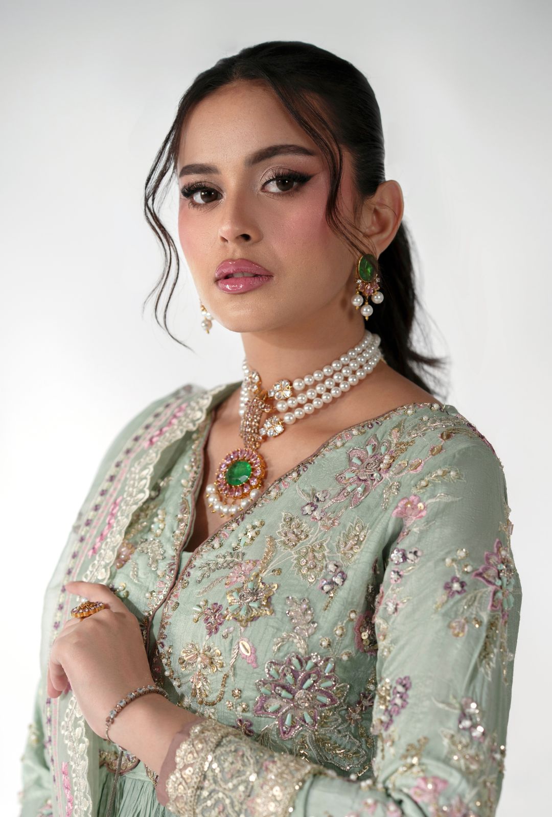 Pistachio Embroidered Korean Raw Silk Anarkali (2-Piece) - Image 5