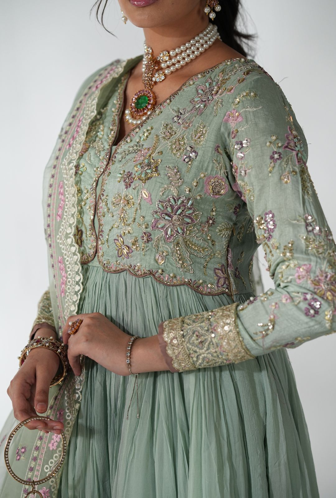 Pistachio Embroidered Korean Raw Silk Anarkali (2-Piece) - Image 6