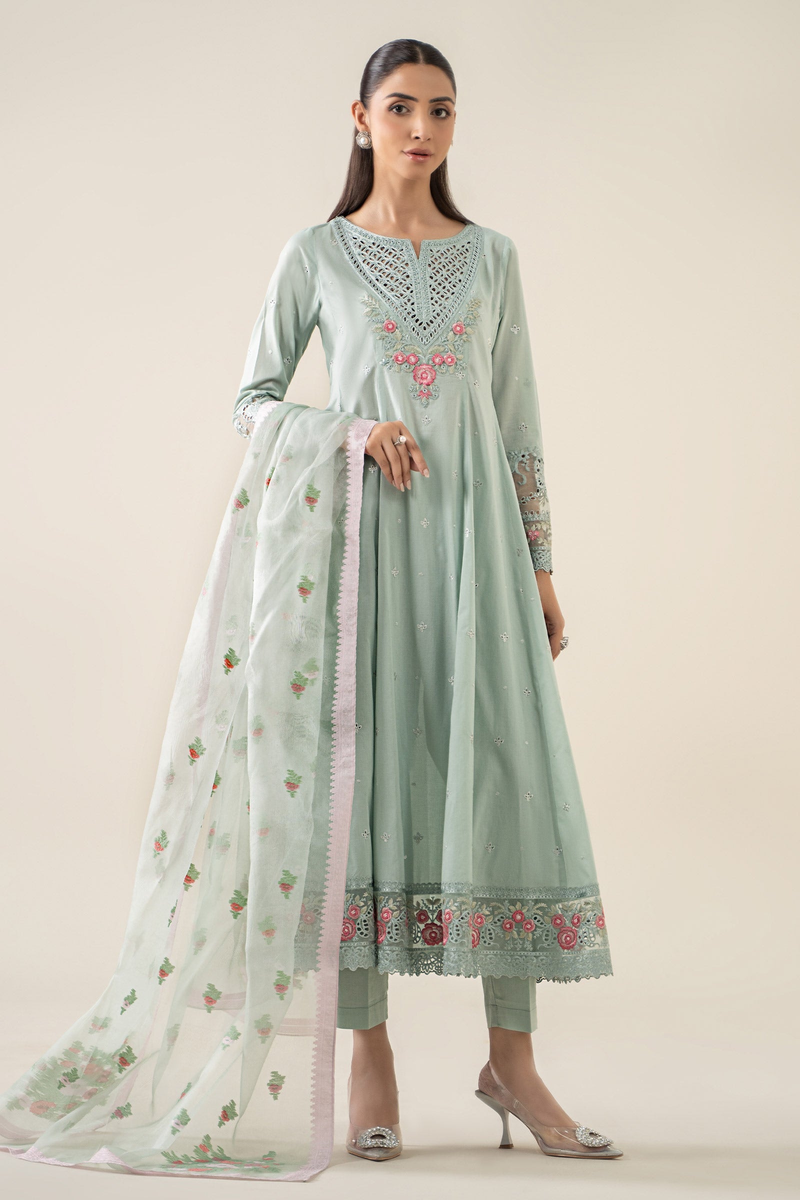 Seafoam Green Embroidered Lawn Anarkali Dress (3-Piece) - Image 1