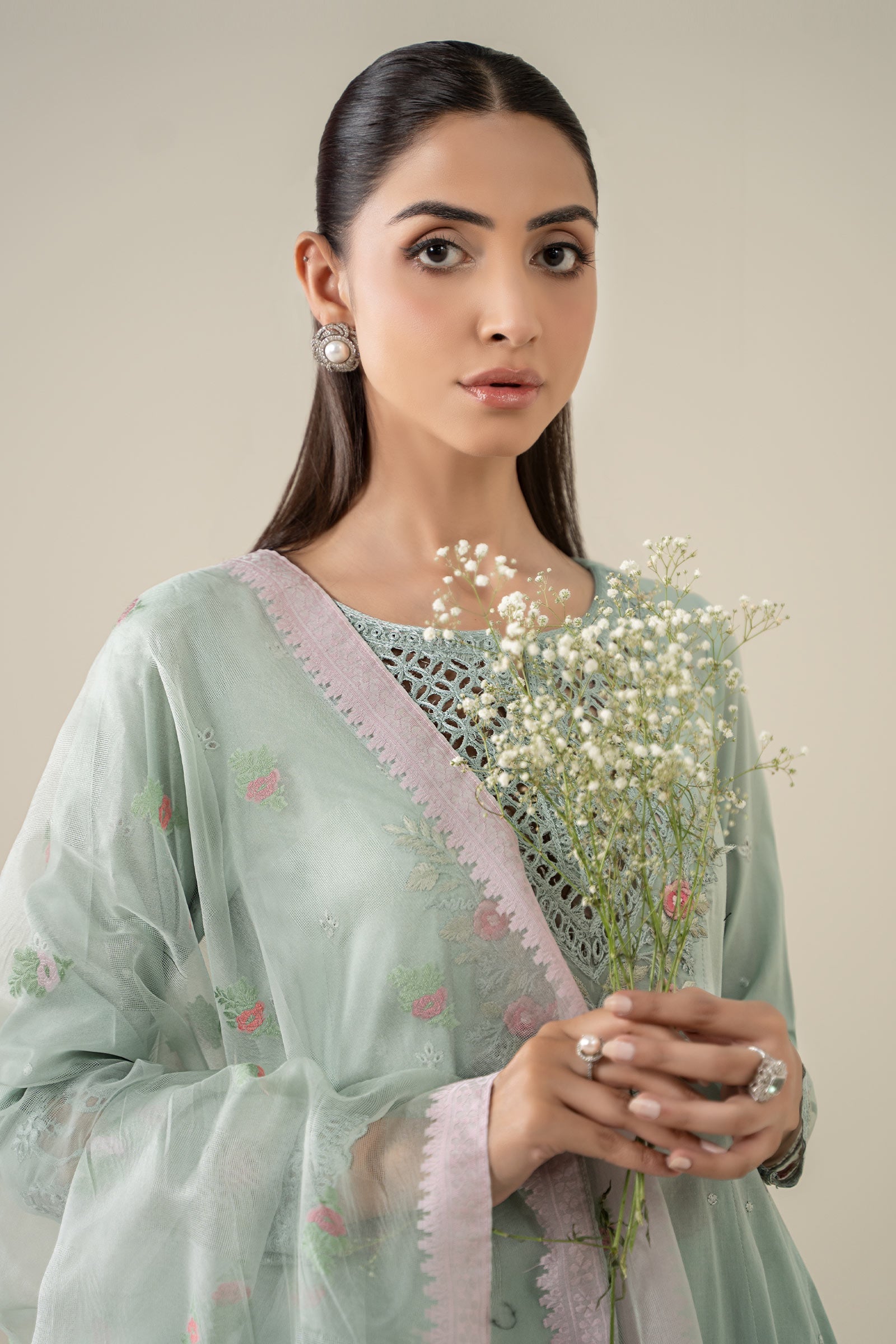 Seafoam Green Embroidered Lawn Anarkali Dress (3-Piece) - Image 2