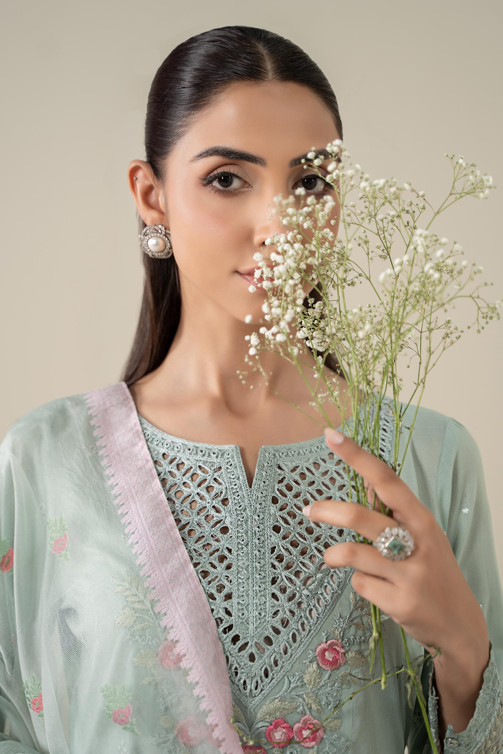 Seafoam Green Embroidered Lawn Anarkali Dress (3-Piece) - Image 3