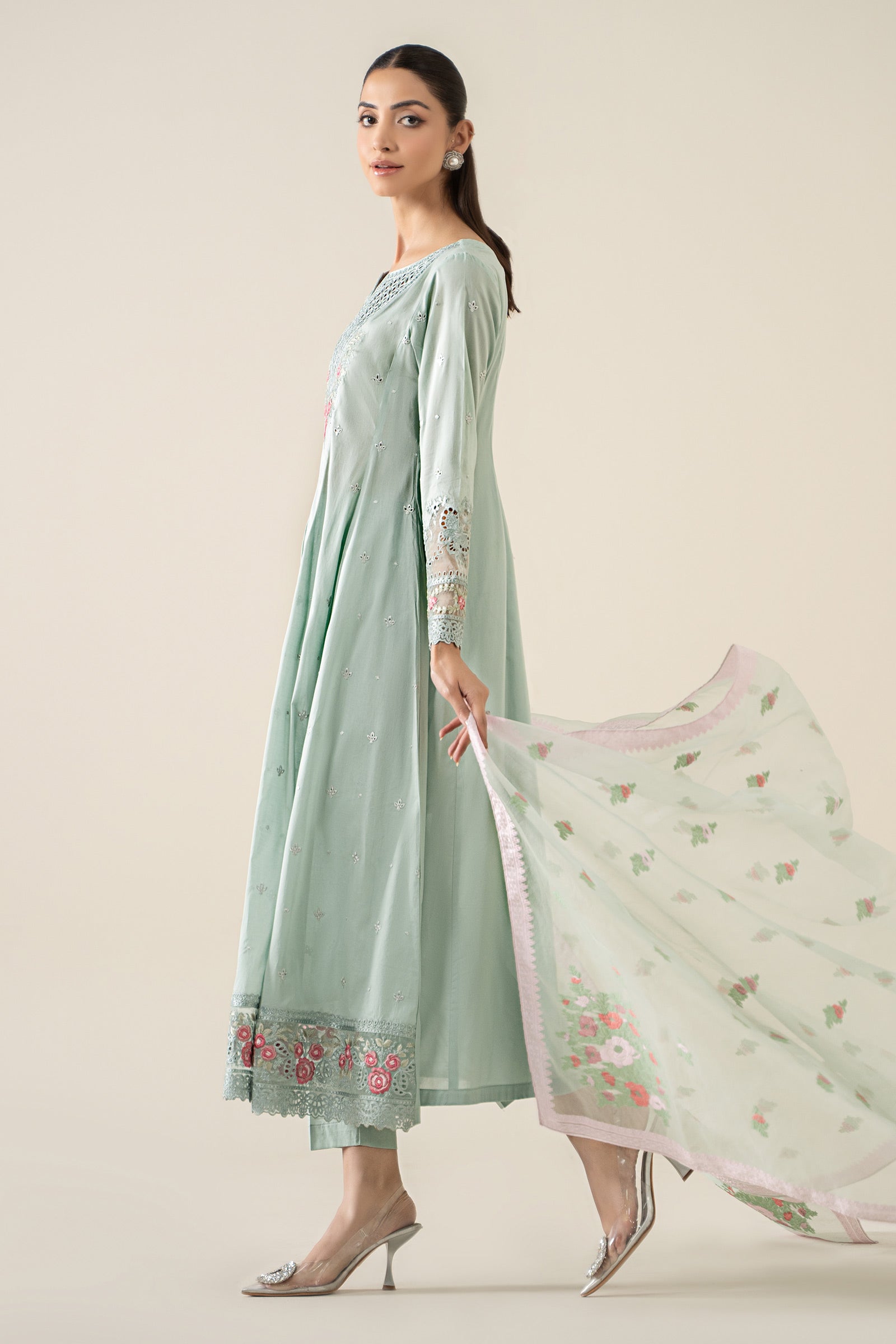 Seafoam Green Embroidered Lawn Anarkali Dress (3-Piece) - Image 4