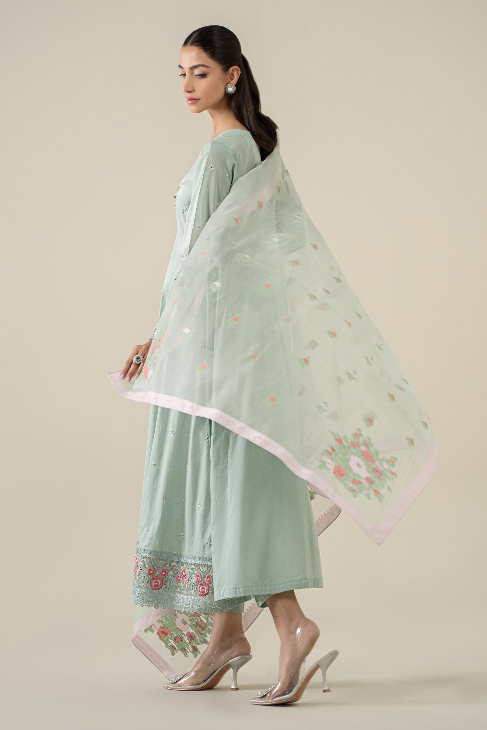 Seafoam Green Embroidered Lawn Anarkali Dress (3-Piece) - Image 5