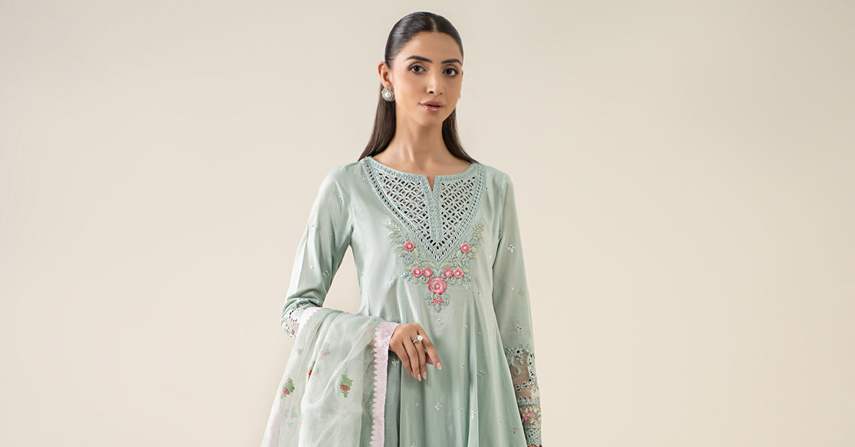Seafoam Green Embroidered Lawn Anarkali Dress (3-Piece) - Image 6