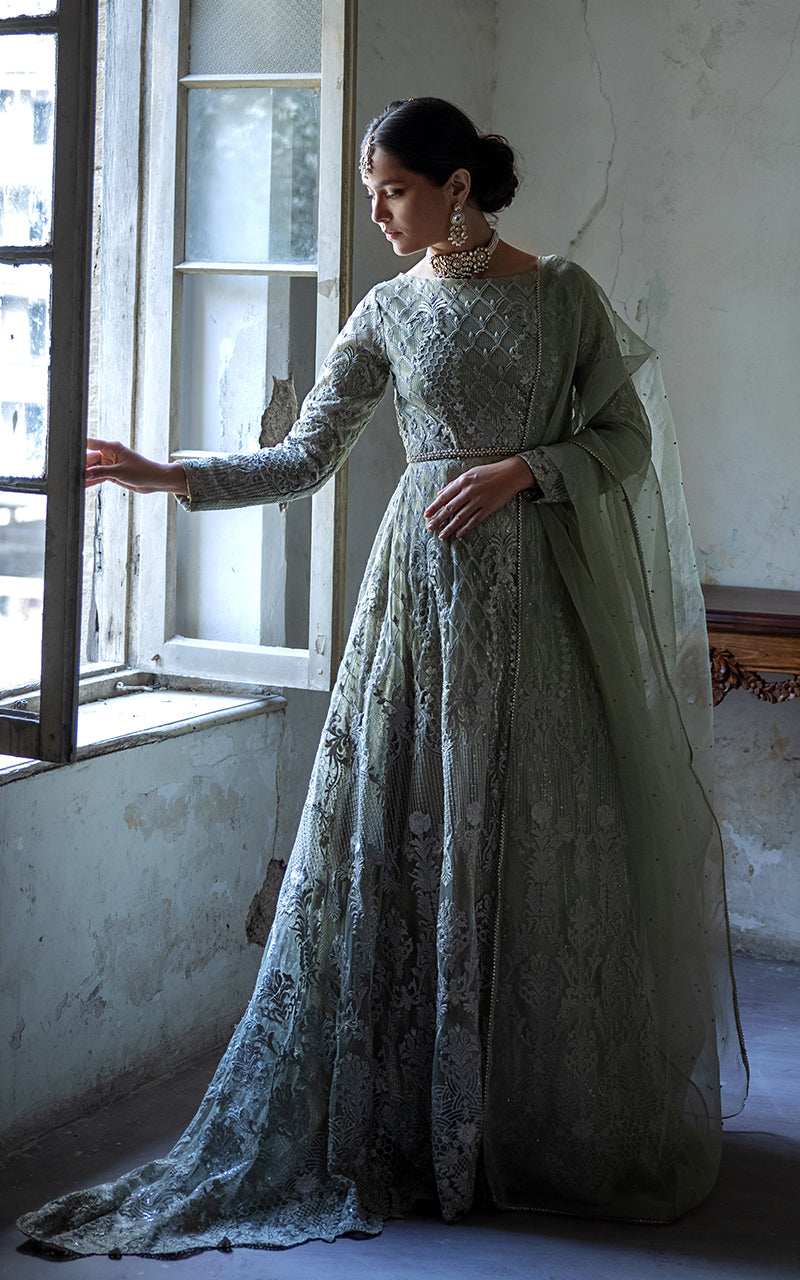 Pakistani Mint Green Embroidered Net Anarkali Dress (2-Piece) - Image 1