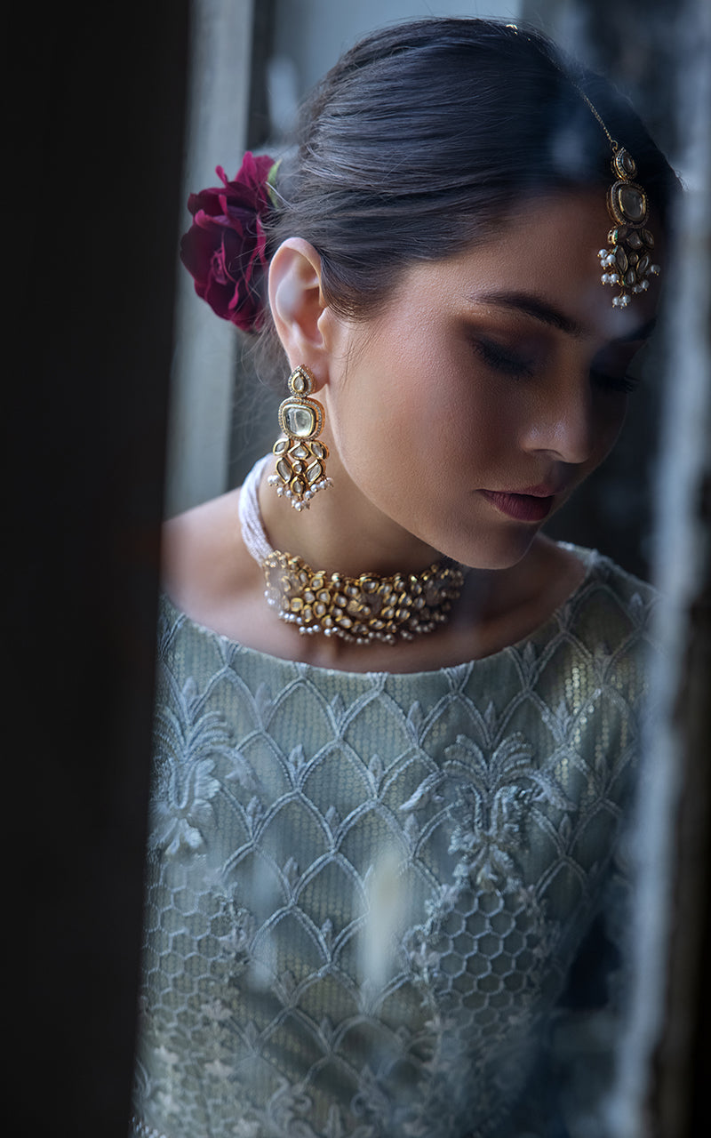 Pakistani Mint Green Embroidered Net Anarkali Dress (2-Piece) - Image 2