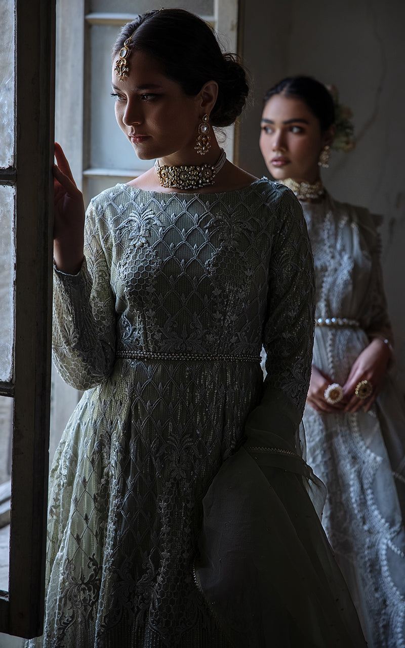 Pakistani Mint Green Embroidered Net Anarkali Dress (2-Piece) - Image 4