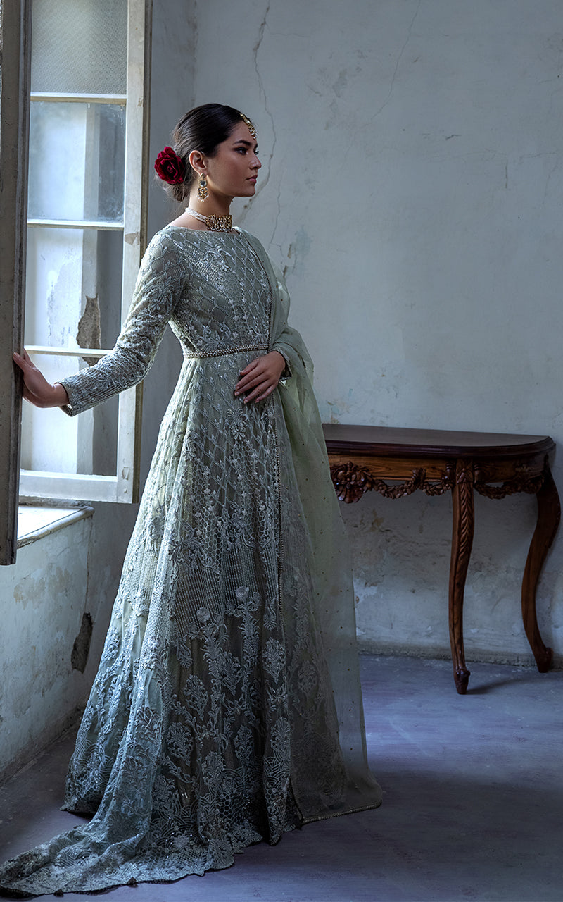 Pakistani Mint Green Embroidered Net Anarkali Dress (2-Piece) - Image 5