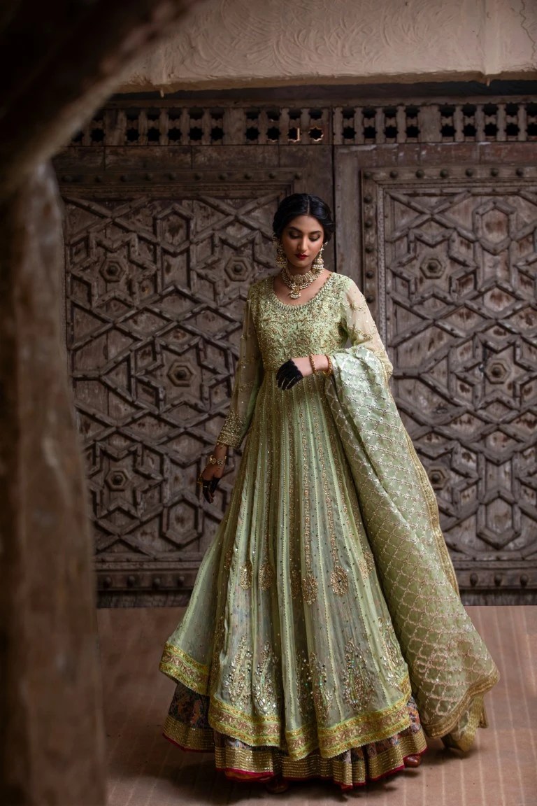 Pistachio Green Embellished Net Bridal Gown (2-Piece) - Image 1