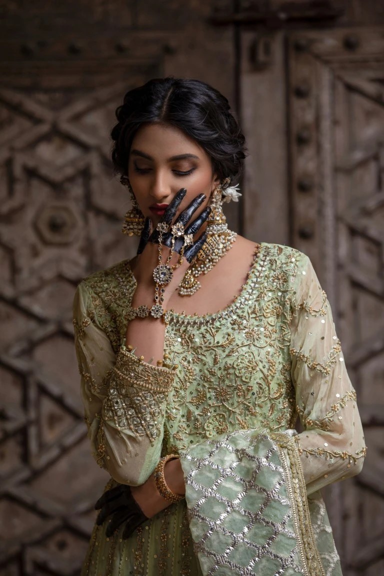 Pistachio Green Embellished Net Bridal Gown (2-Piece) - Image 3