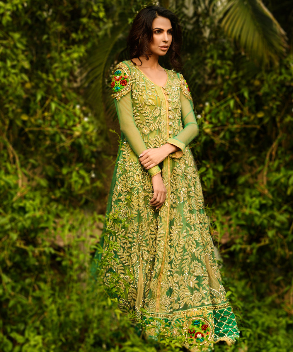 Olive Green Embroidered Net Anarkali Dress (2-Piece) - Image 1