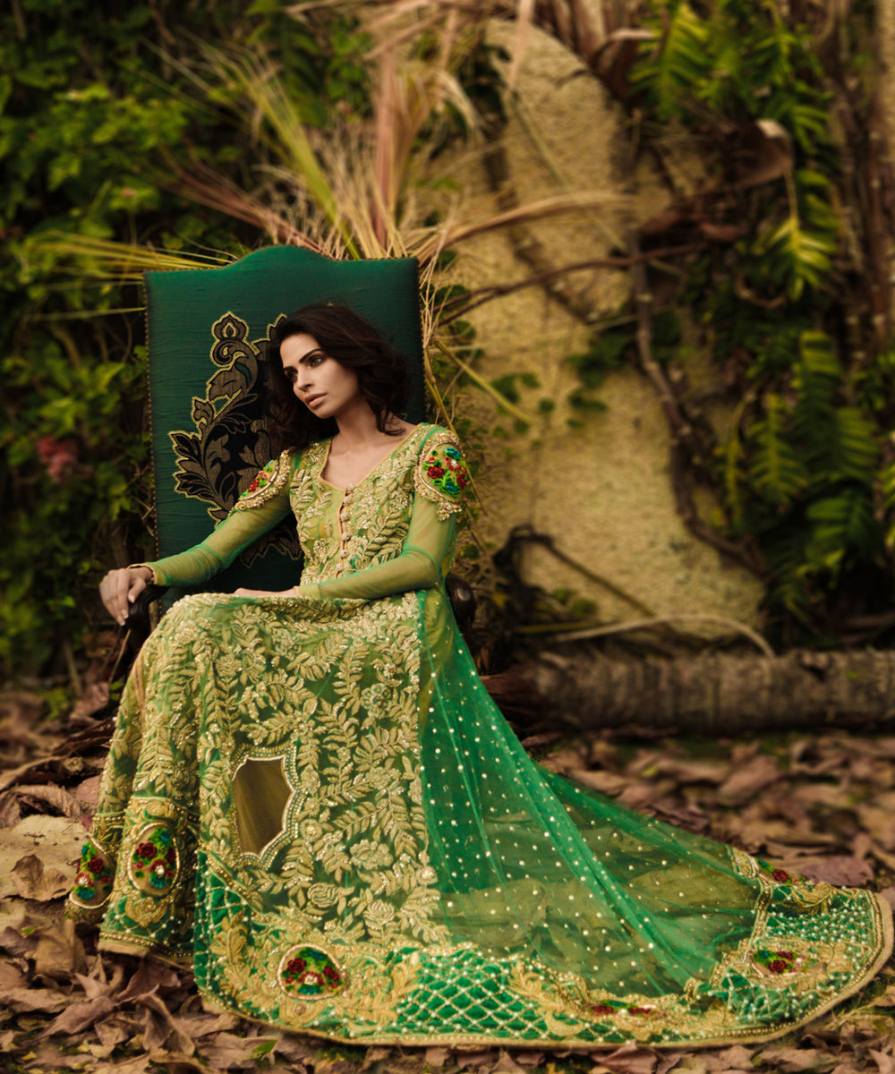 Olive Green Embroidered Net Anarkali Dress (2-Piece) - Image 2