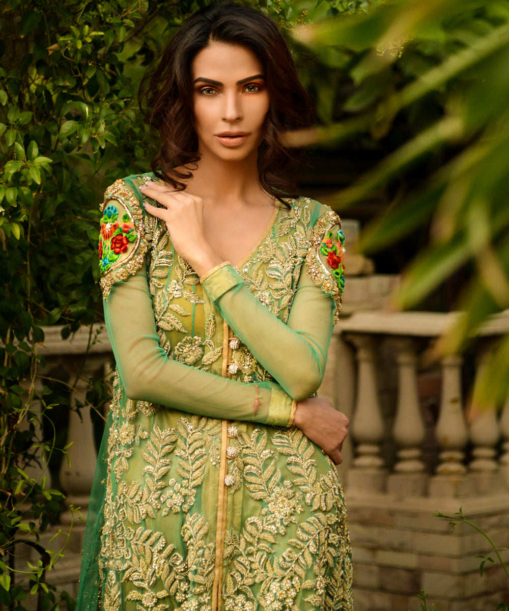 Olive Green Embroidered Net Anarkali Dress (2-Piece) - Image 3