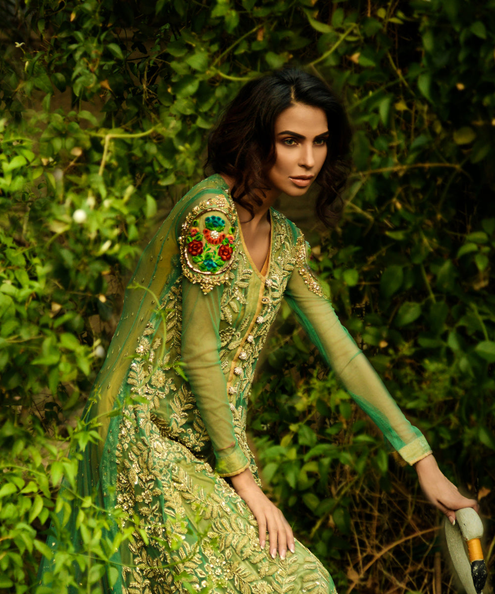 Olive Green Embroidered Net Anarkali Dress (2-Piece) - Image 4