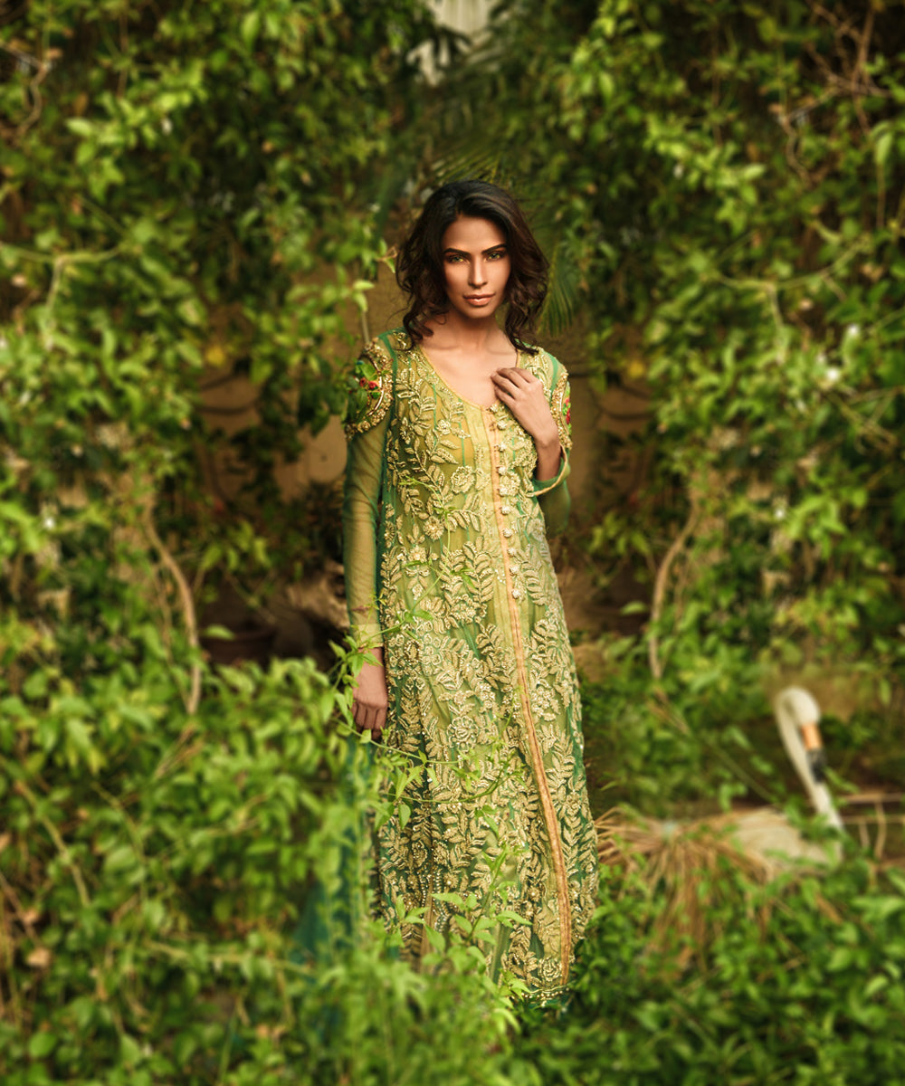 Olive Green Embroidered Net Anarkali Dress (2-Piece) - Image 5