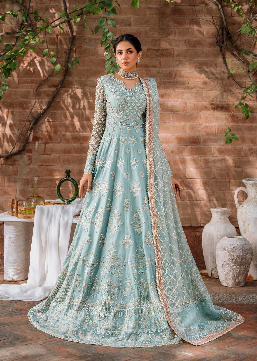 Seafoam Embroidered Net & Organza Anarkali (2-Piece) - Image 1
