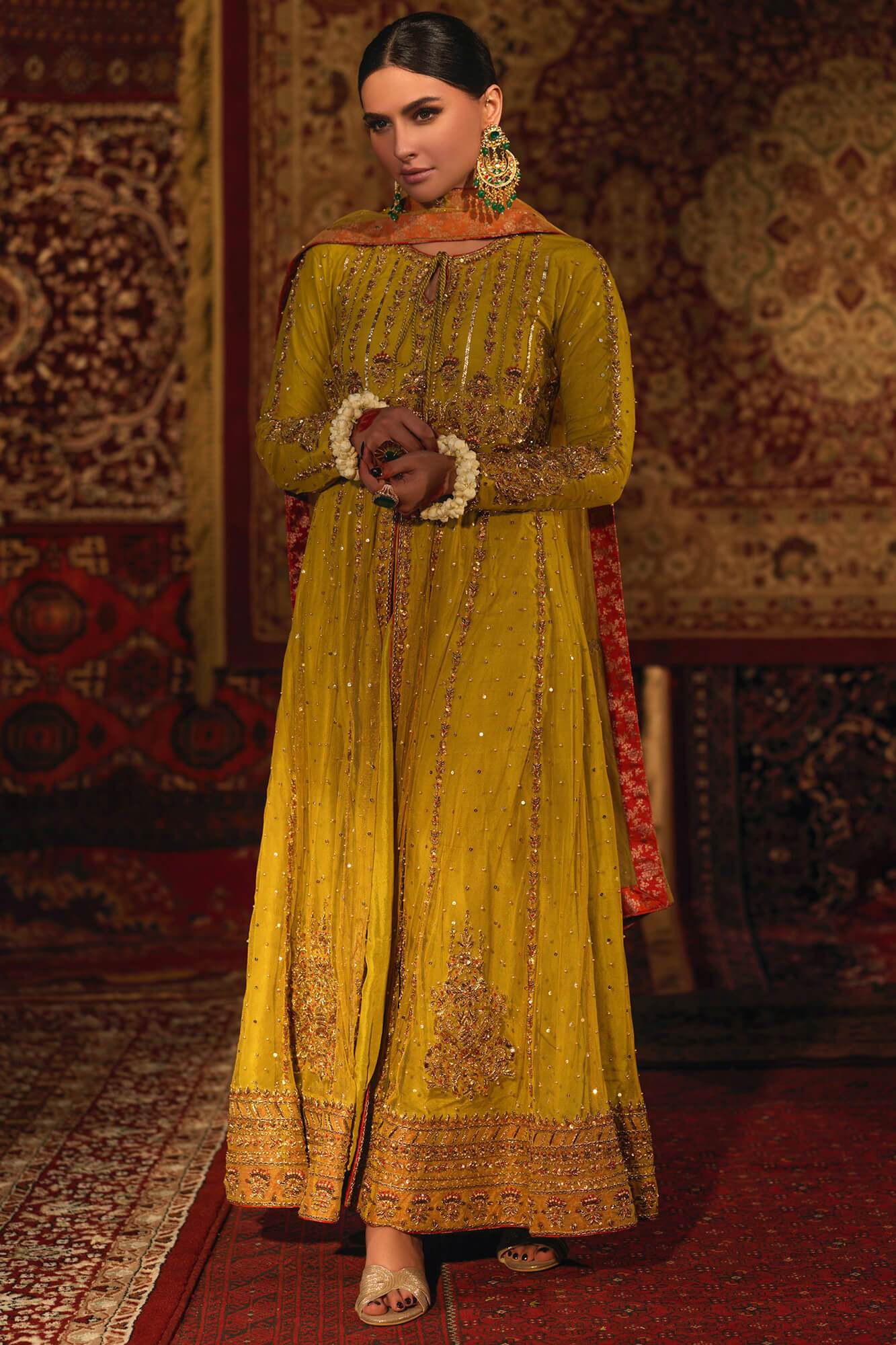 Lime Green Embroidered Net Anarkali Dress (3-Piece) - Image 2