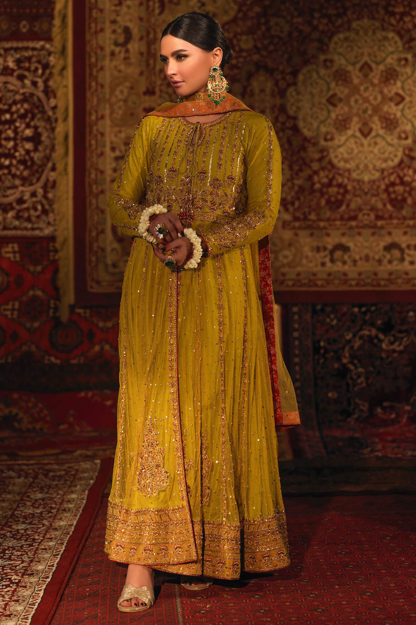 Lime Green Embroidered Net Anarkali Dress (3-Piece) - Image 4