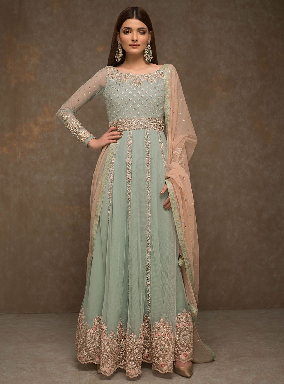 Pakistani Mint Embroidered Net Anarkali Dress (3-Piece) - Image 1
