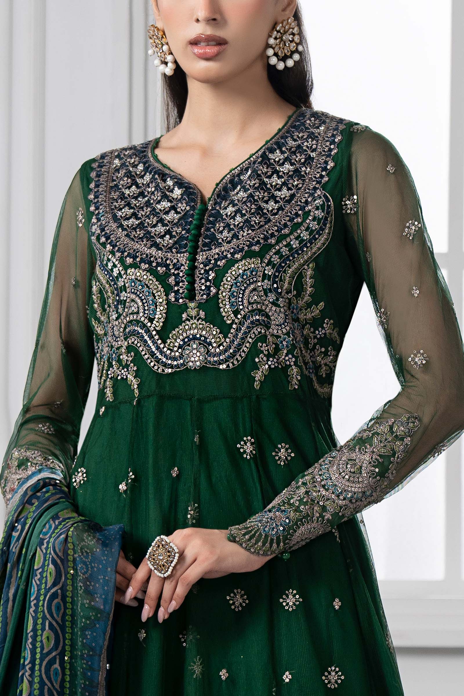 Pakistani Emerald Green Embroidered Net Anarkali Dress (3-Piece) - Image 2