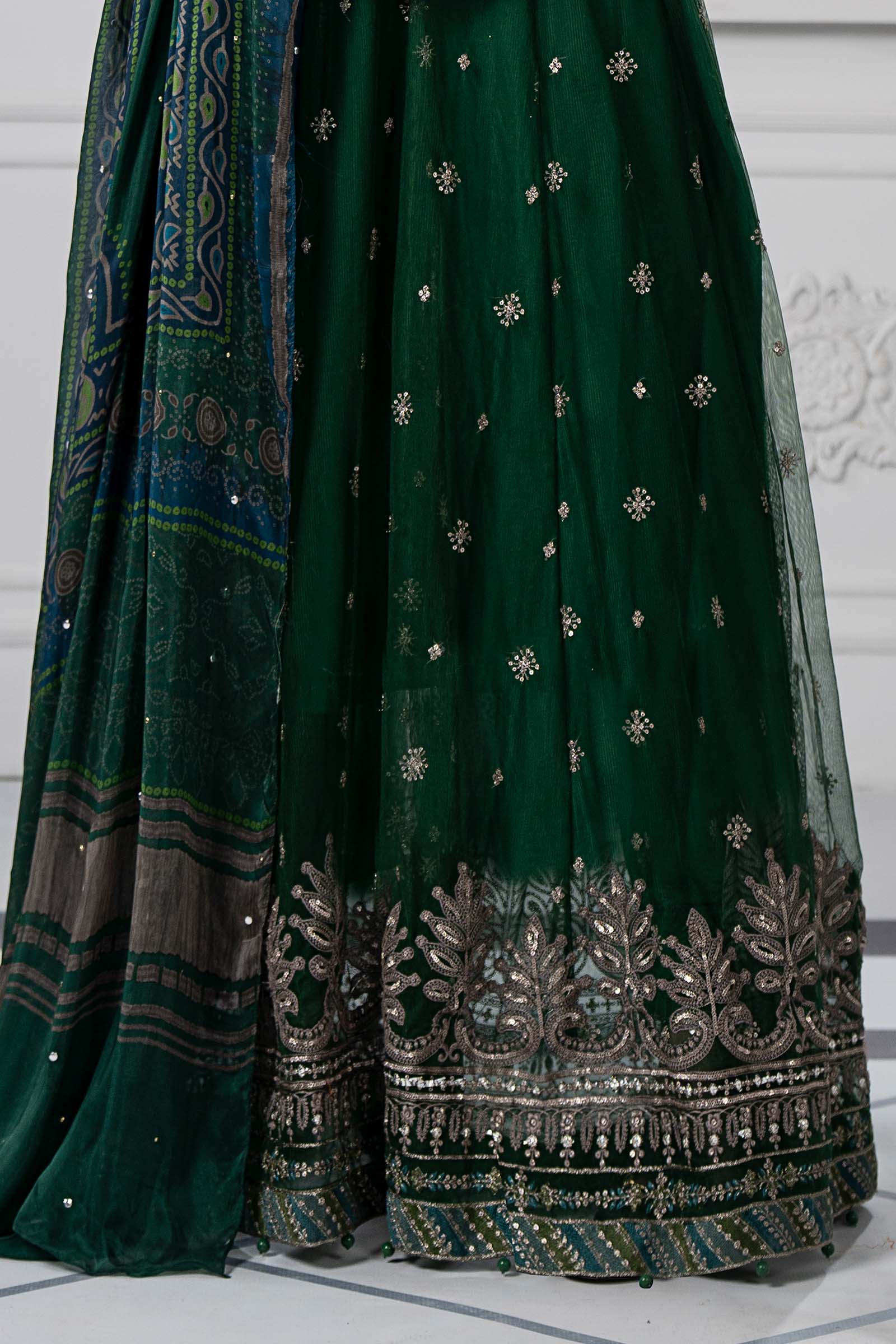 Pakistani Emerald Green Embroidered Net Anarkali Dress (3-Piece) - Image 3
