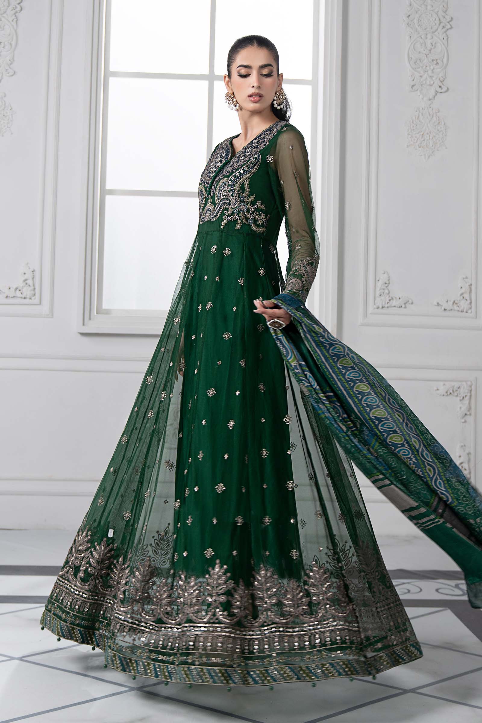 Pakistani Emerald Green Embroidered Net Anarkali Dress (3-Piece) - Image 5