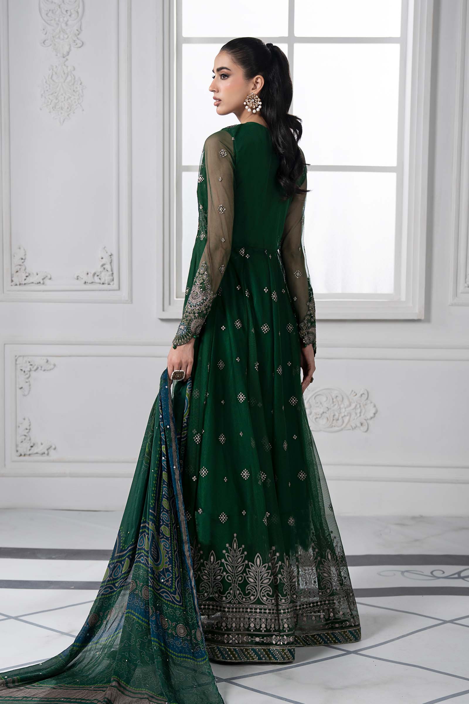 Pakistani Emerald Green Embroidered Net Anarkali Dress (3-Piece) - Image 6