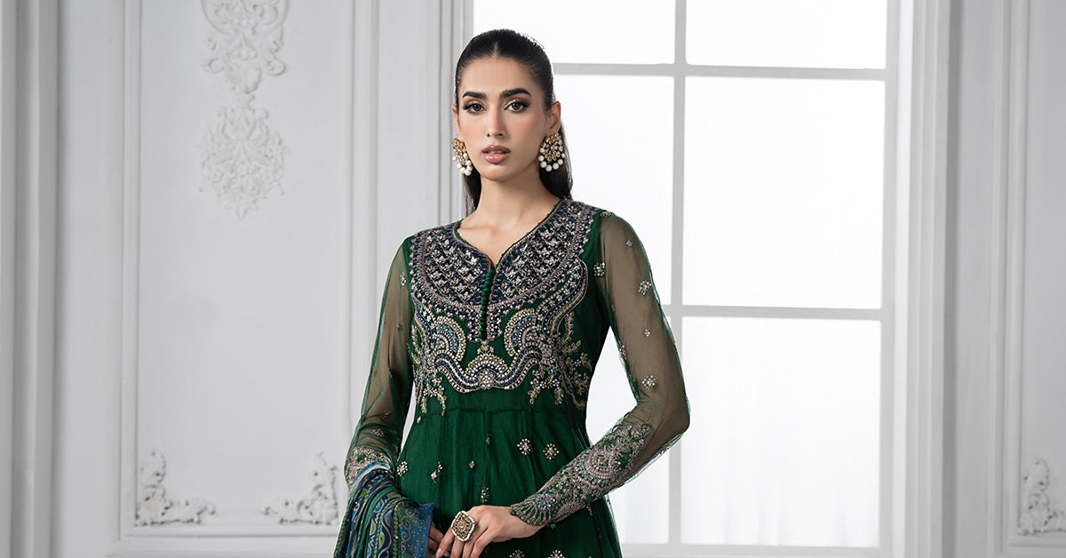 Pakistani Emerald Green Embroidered Net Anarkali Dress (3-Piece) - Image 7
