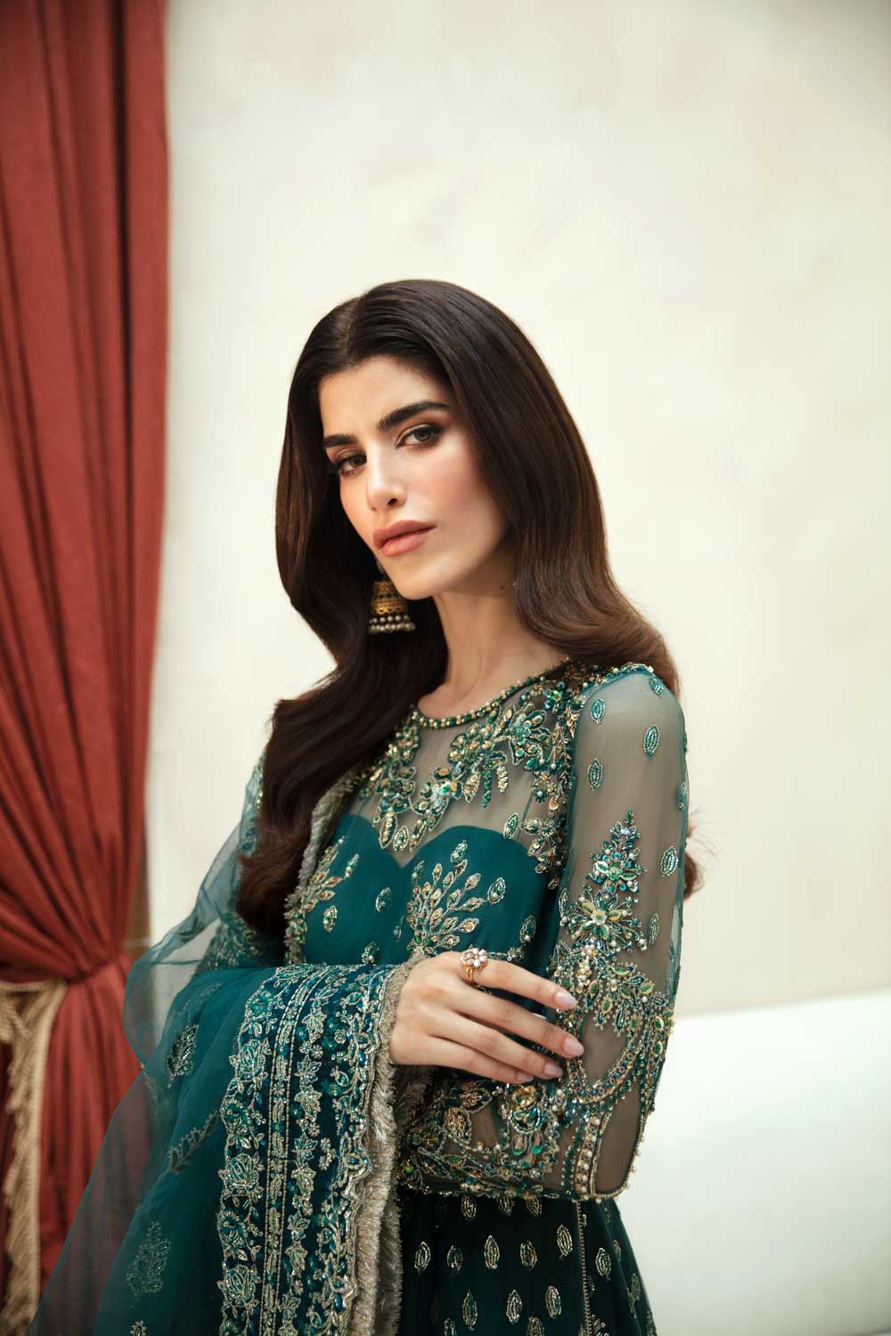 Pakistani Emerald Hand-Embellished Net Organza Anarkali (2-Piece) - Image 4