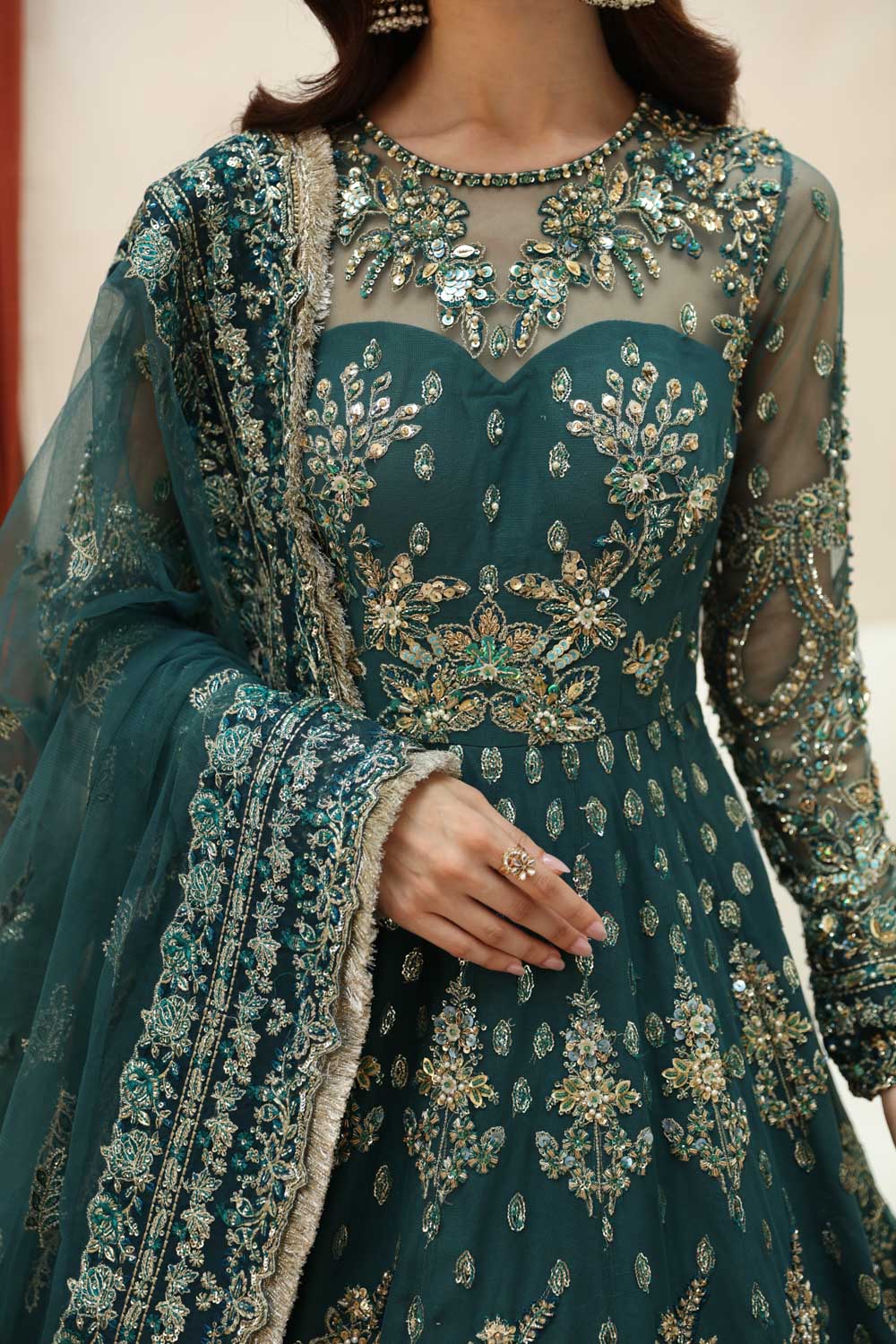 Pakistani Emerald Hand-Embellished Net Organza Anarkali (2-Piece) - Image 5