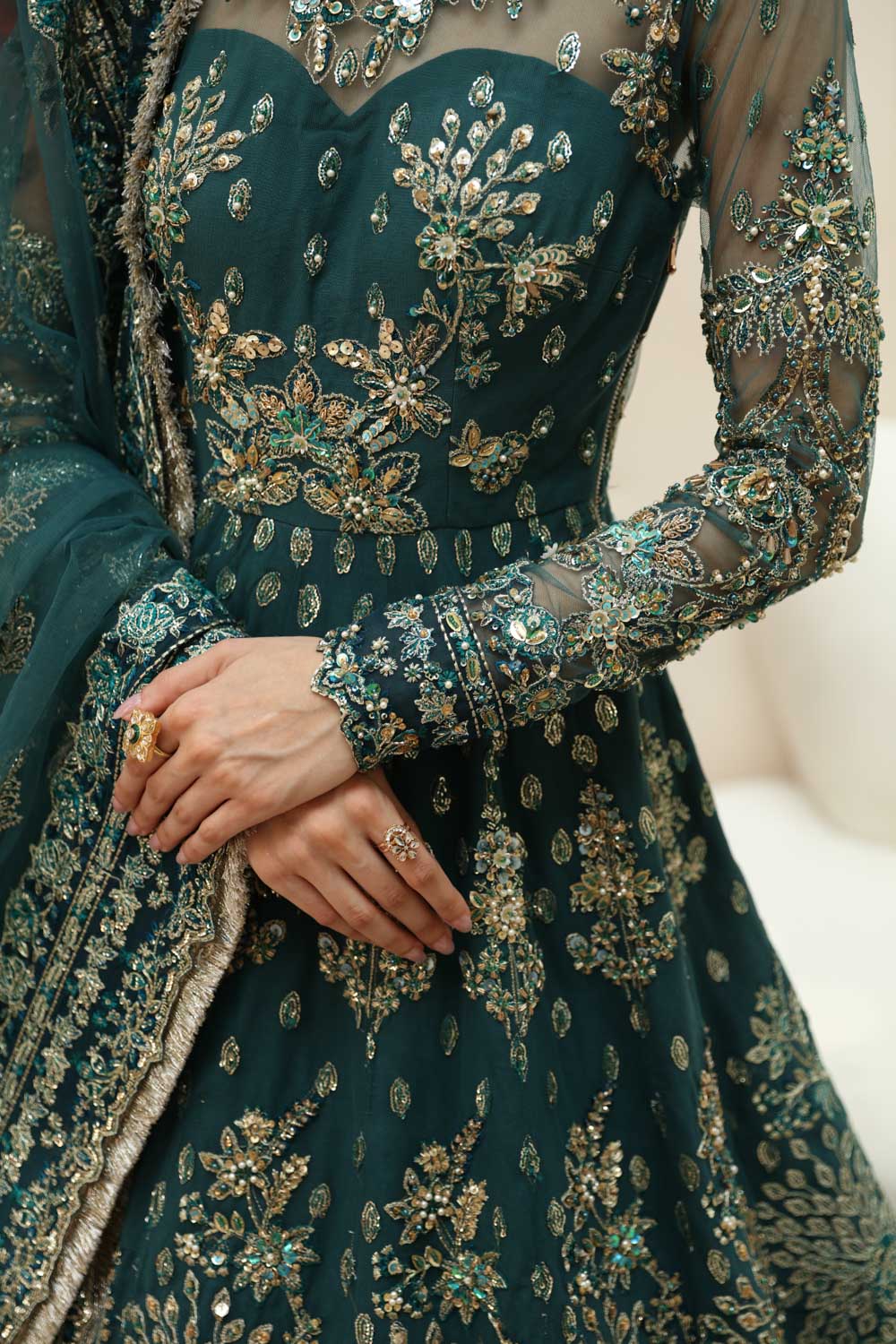 Pakistani Emerald Hand-Embellished Net Organza Anarkali (2-Piece) - Image 6