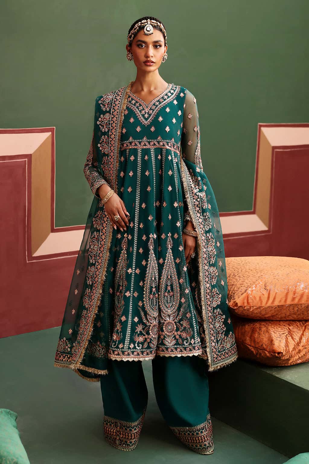 Deep Green Embroidered Net & Organza Anarkali (3-Piece) - Image 1