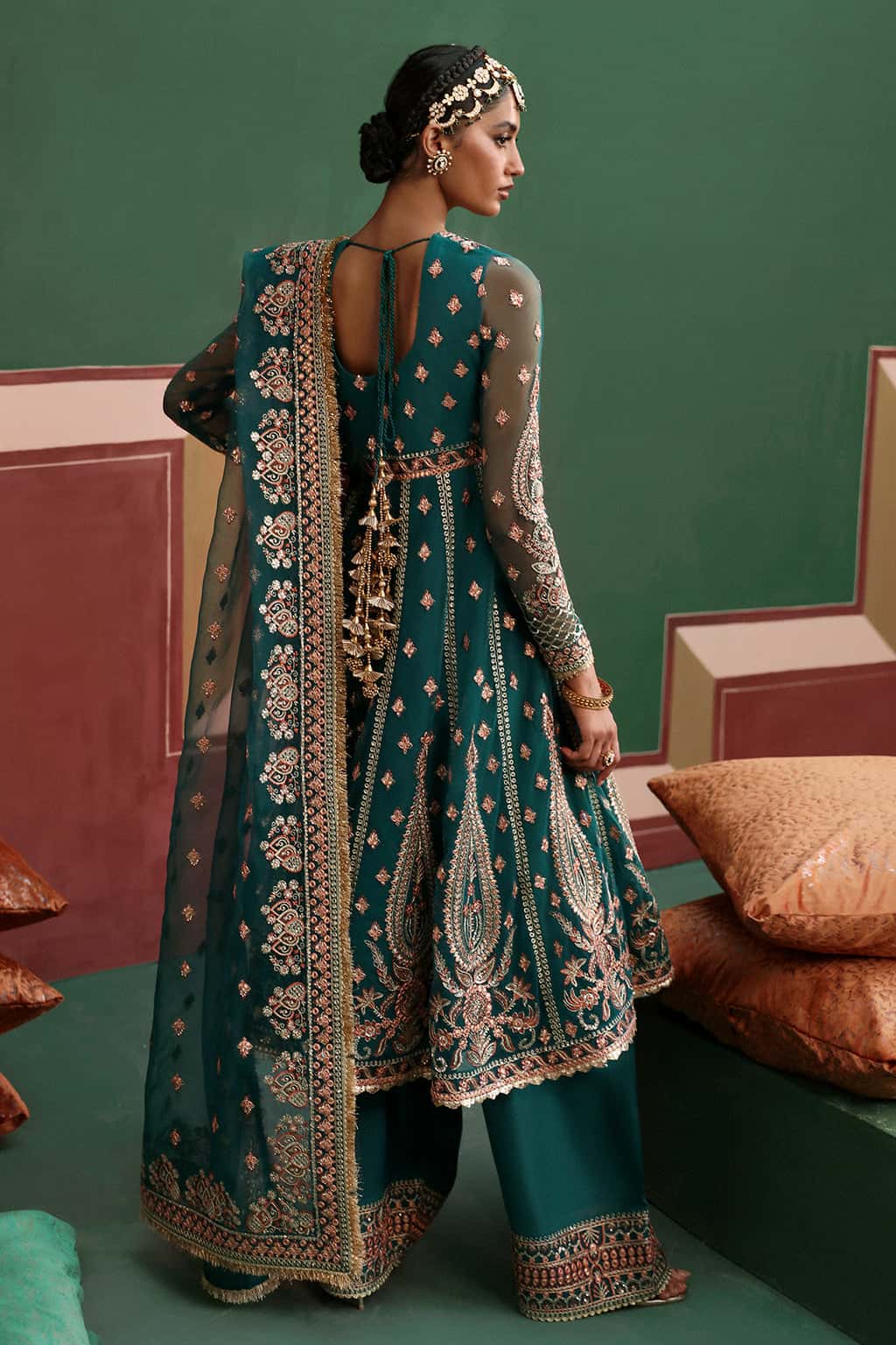 Deep Green Embroidered Net & Organza Anarkali (3-Piece) - Image 2