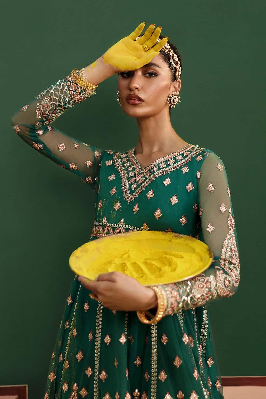 Deep Green Embroidered Net & Organza Anarkali (3-Piece) - Image 4