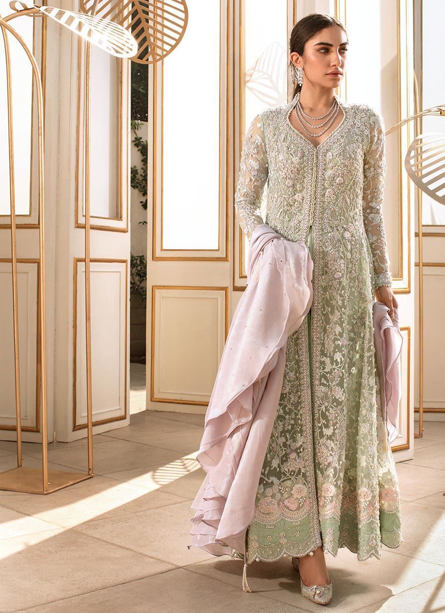 Pakistani Mint Green Pearl Embroidered Net Anarkali Dress (2-Piece) - Image 1