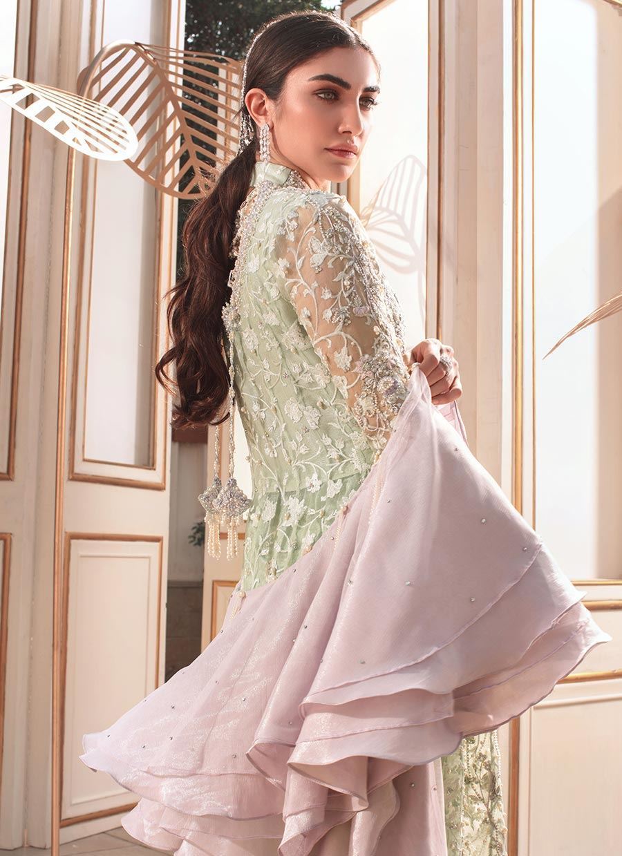 Pakistani Mint Green Pearl Embroidered Net Anarkali Dress (2-Piece) - Image 2