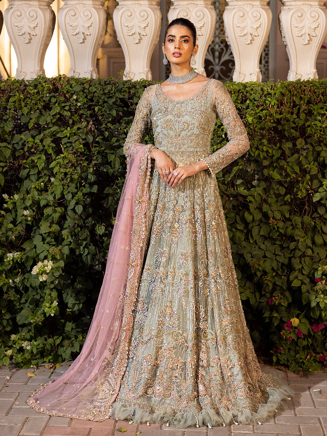Pakistani Pistachio Green Embroidered Net Anarkali Gown (2-Piece) - Image 2
