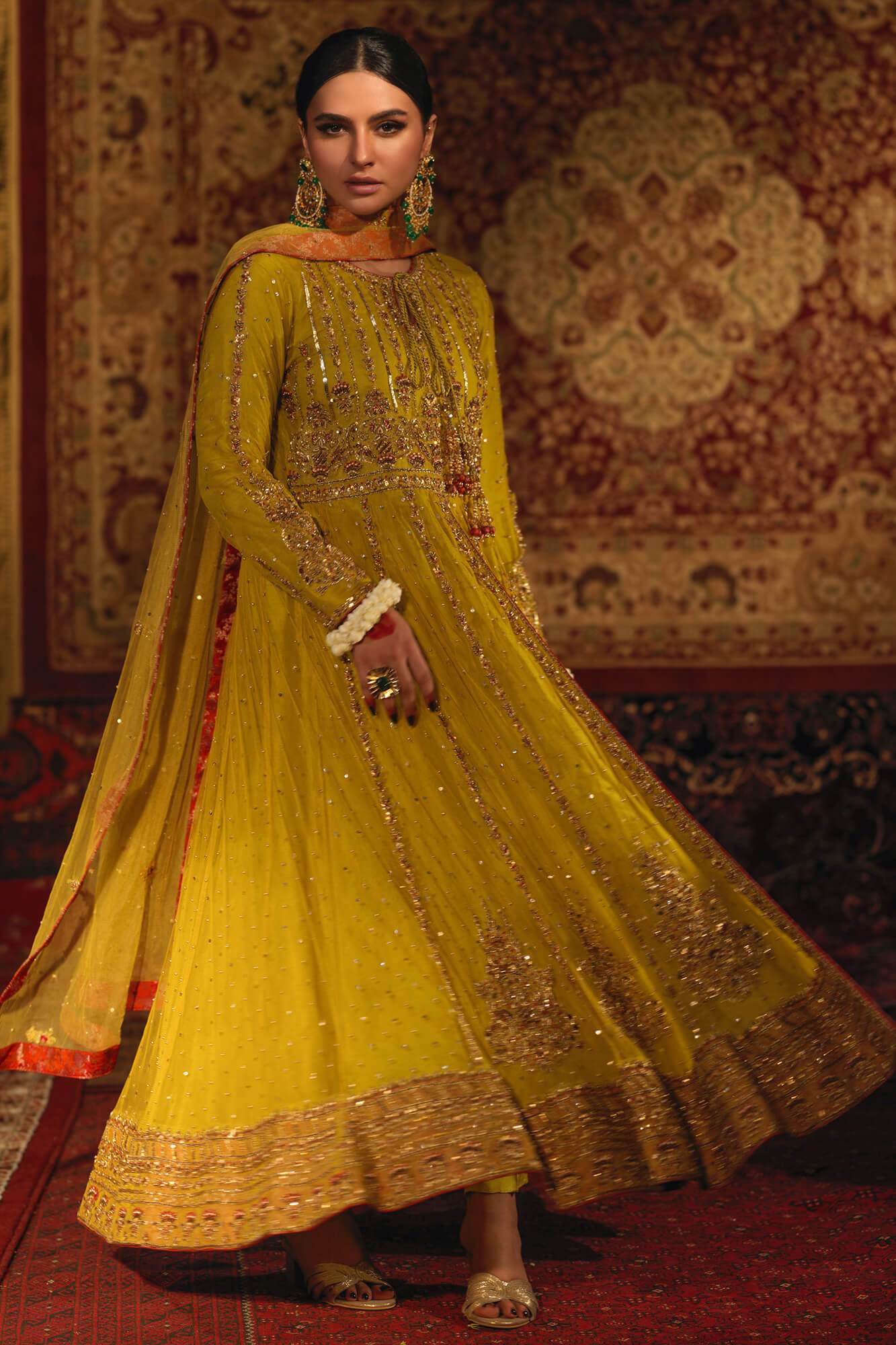Lime Green Embroidered Net Anarkali Dress (3-Piece) - Image 3