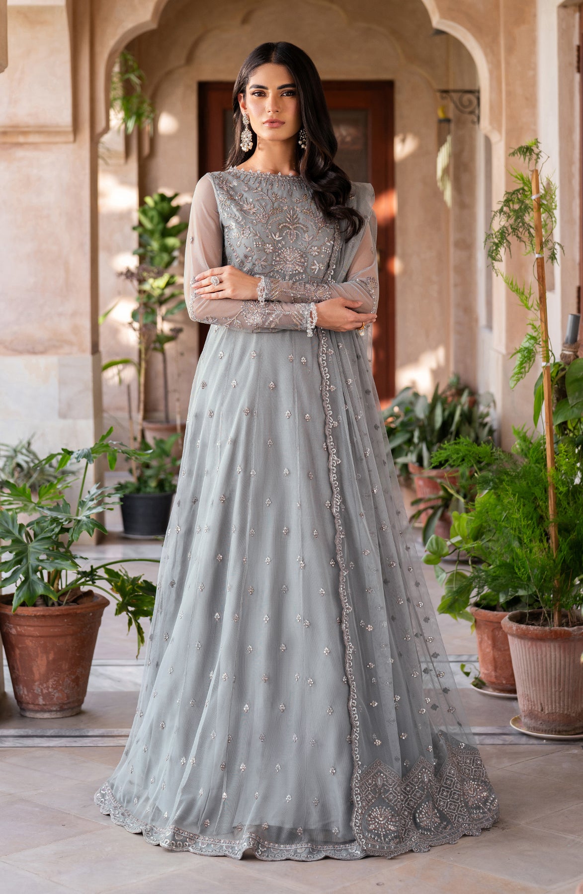 Dusty Sage Sequins Embroidered Net Anarkali Dress (3-Piece) - Image 1