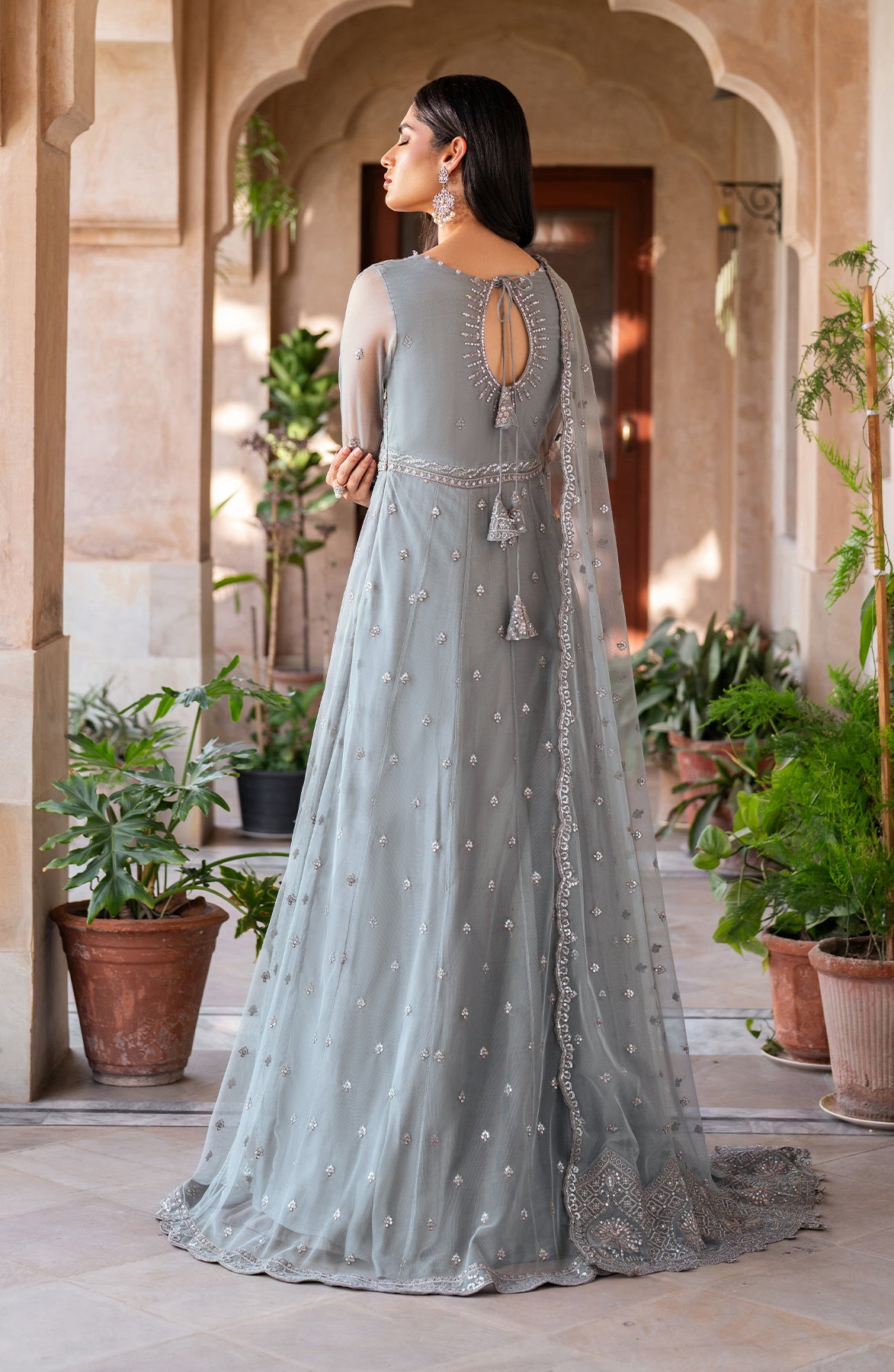 Dusty Sage Sequins Embroidered Net Anarkali Dress (3-Piece) - Image 2